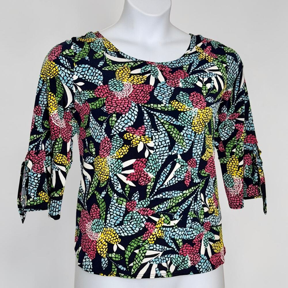 Clara Sun Woo Large Floral Print Blouse Stretch Jersey 3/4 Tie Sleeve Mosaic USA